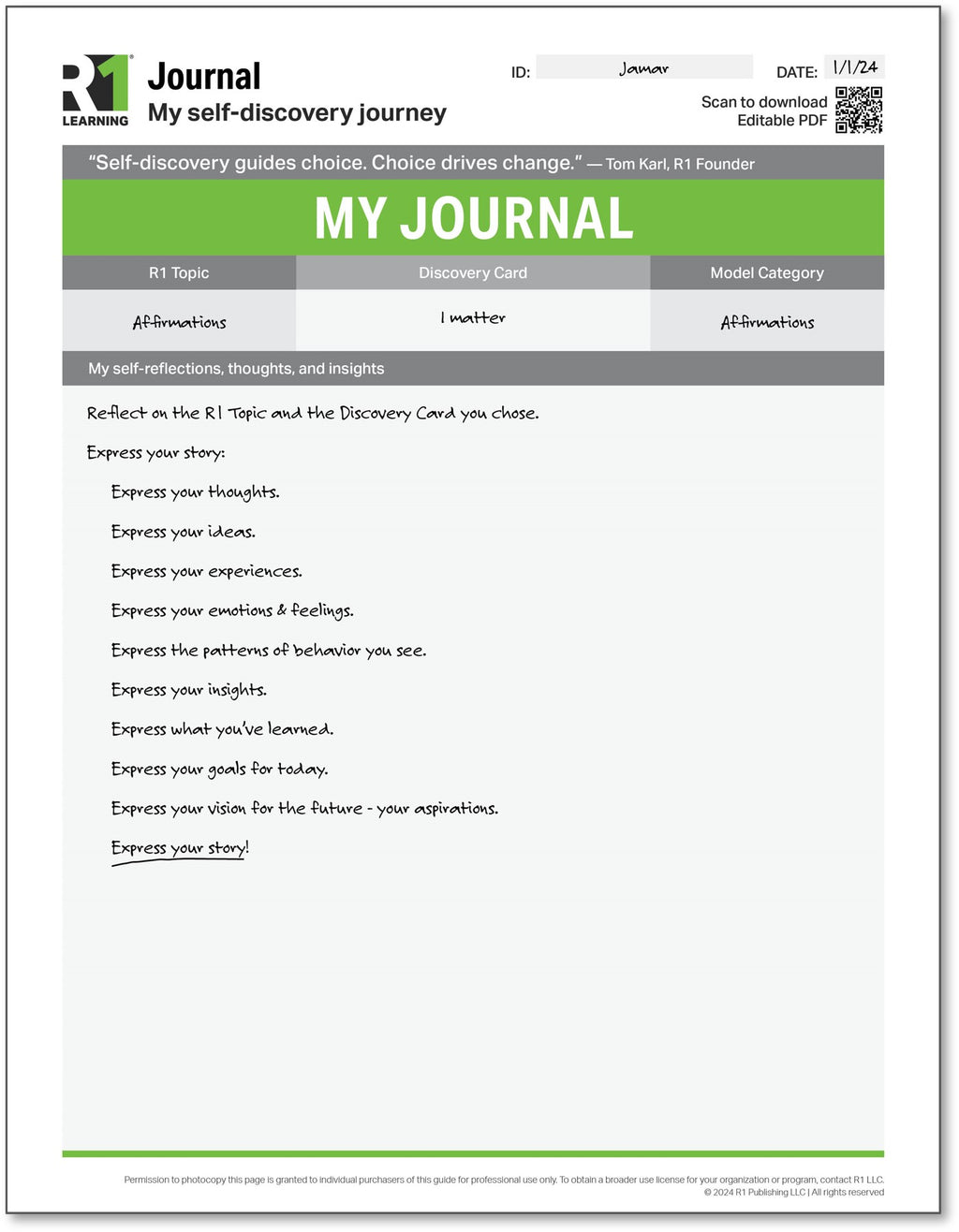 R1 Journal Worksheet (Spanish)