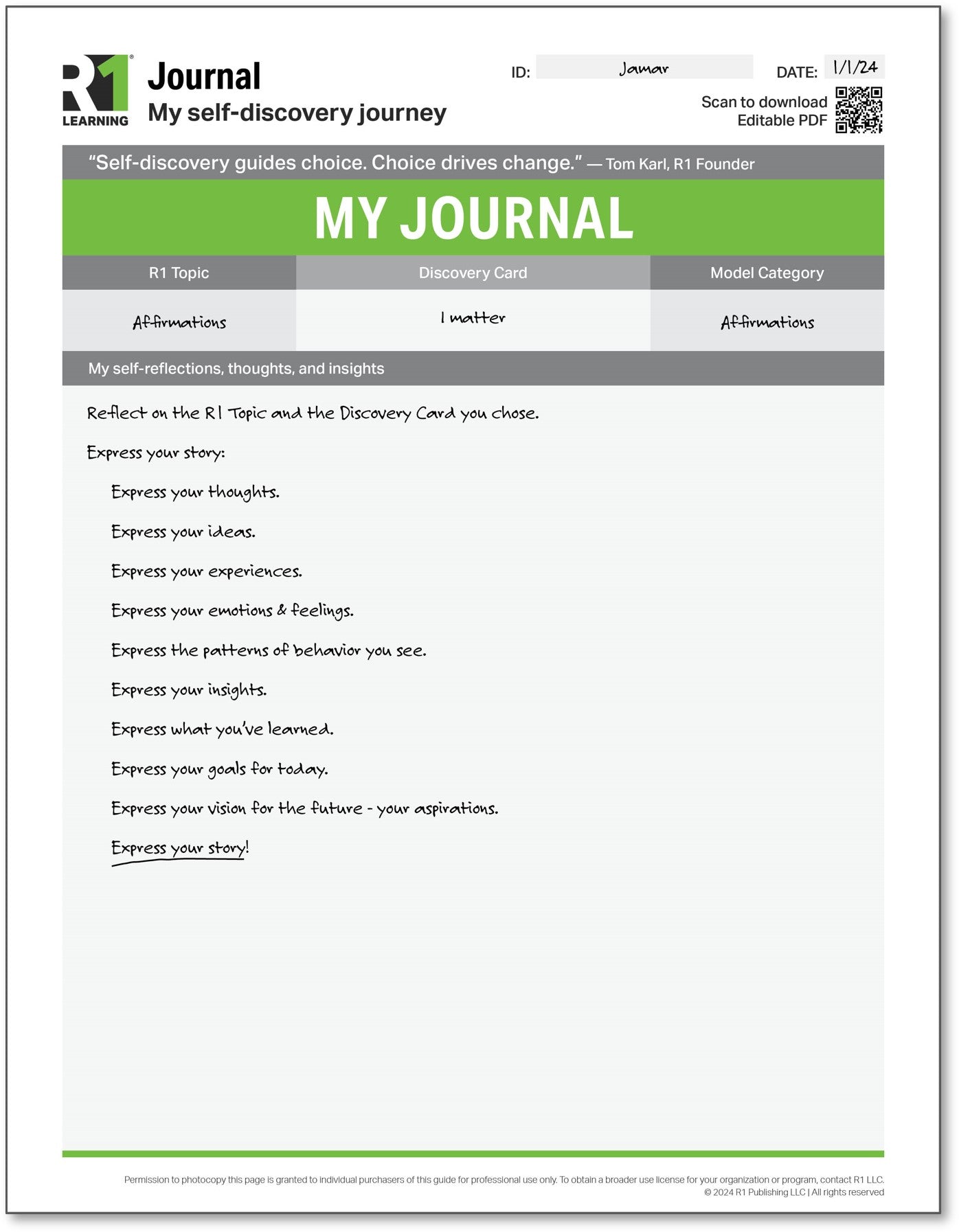 R1 Journal Worksheet (Spanish)