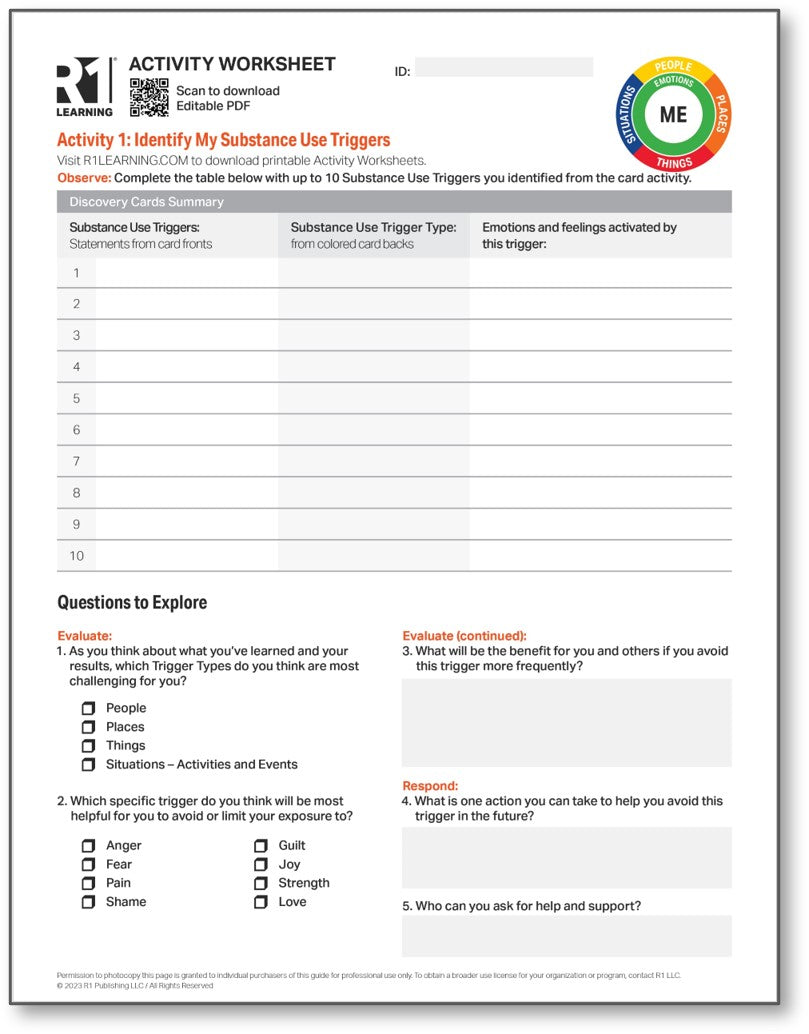 Substance Use Triggers (Relapse) Activity Worksheets