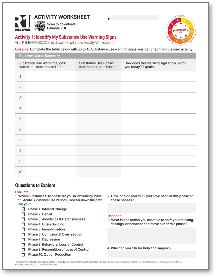 Substance Use (Relapse) Warning Signs Activity Worksheets