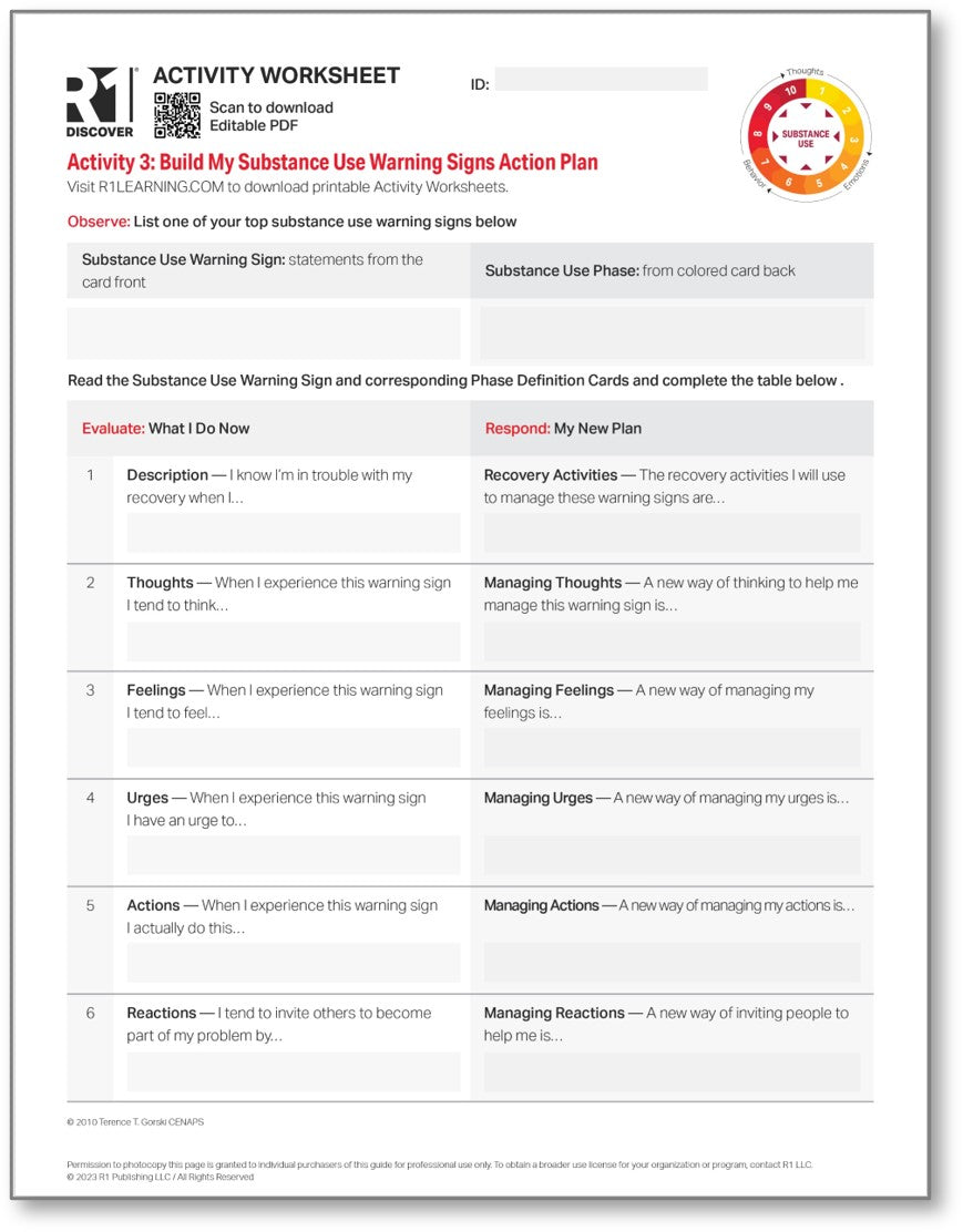 Substance Use (Relapse) Warning Signs Activity Worksheets